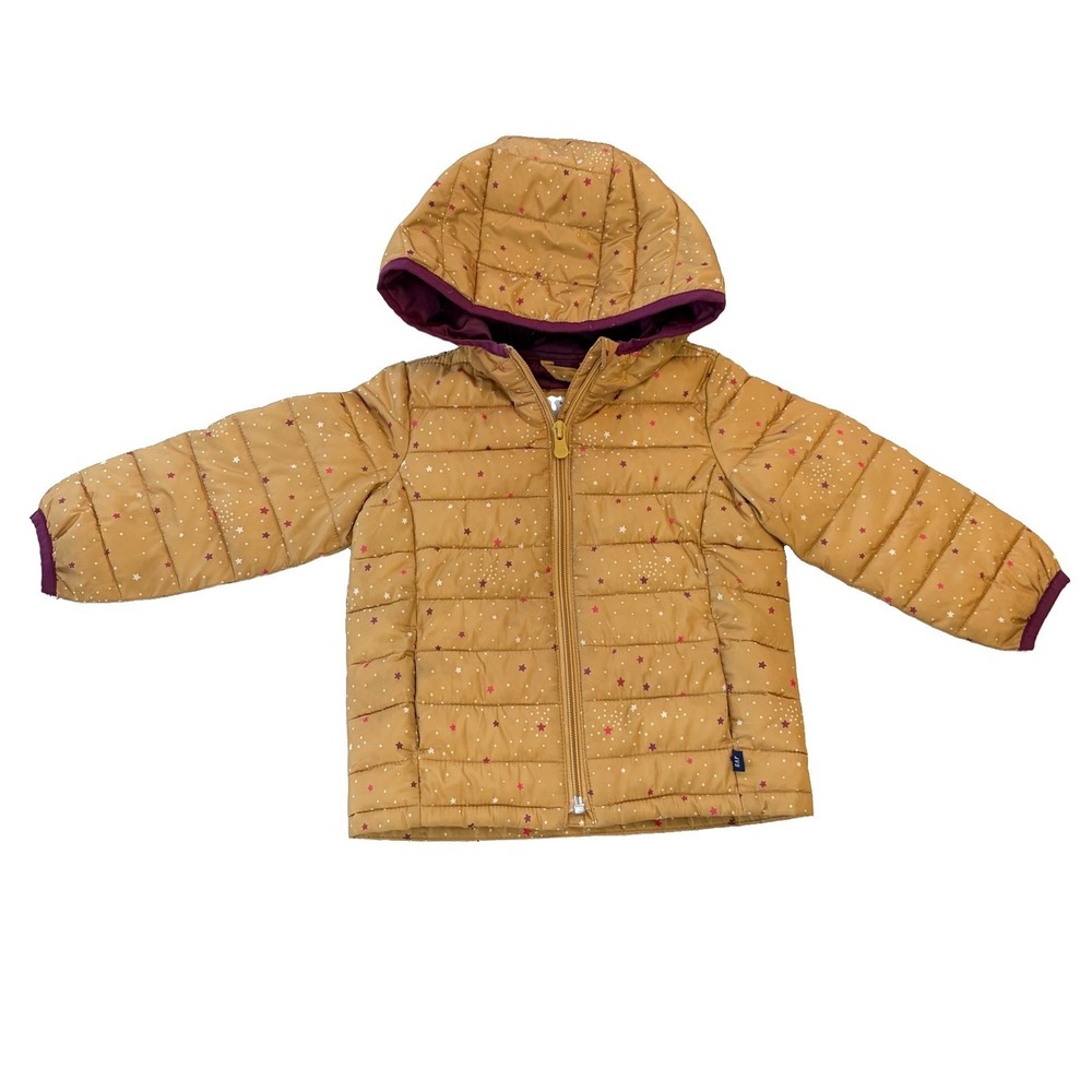 GAP Baby Hooded Puffer Jacket Yellow Purple Star Print Zip Up Coat Toddler 2 Yr